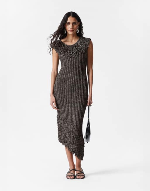 & Other Stories knit midi dress with fringed neckline and hem in metallic  gray | ASOS