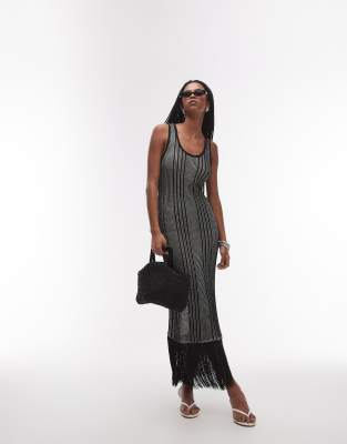 & Other Stories knit midi dress with fringed tassel hem detail in two-tone black