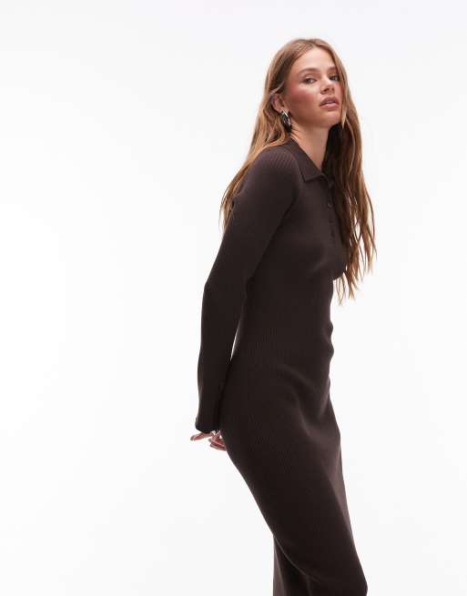 & Other Stories knit midi dress with polo collar in brown, 2 of 4