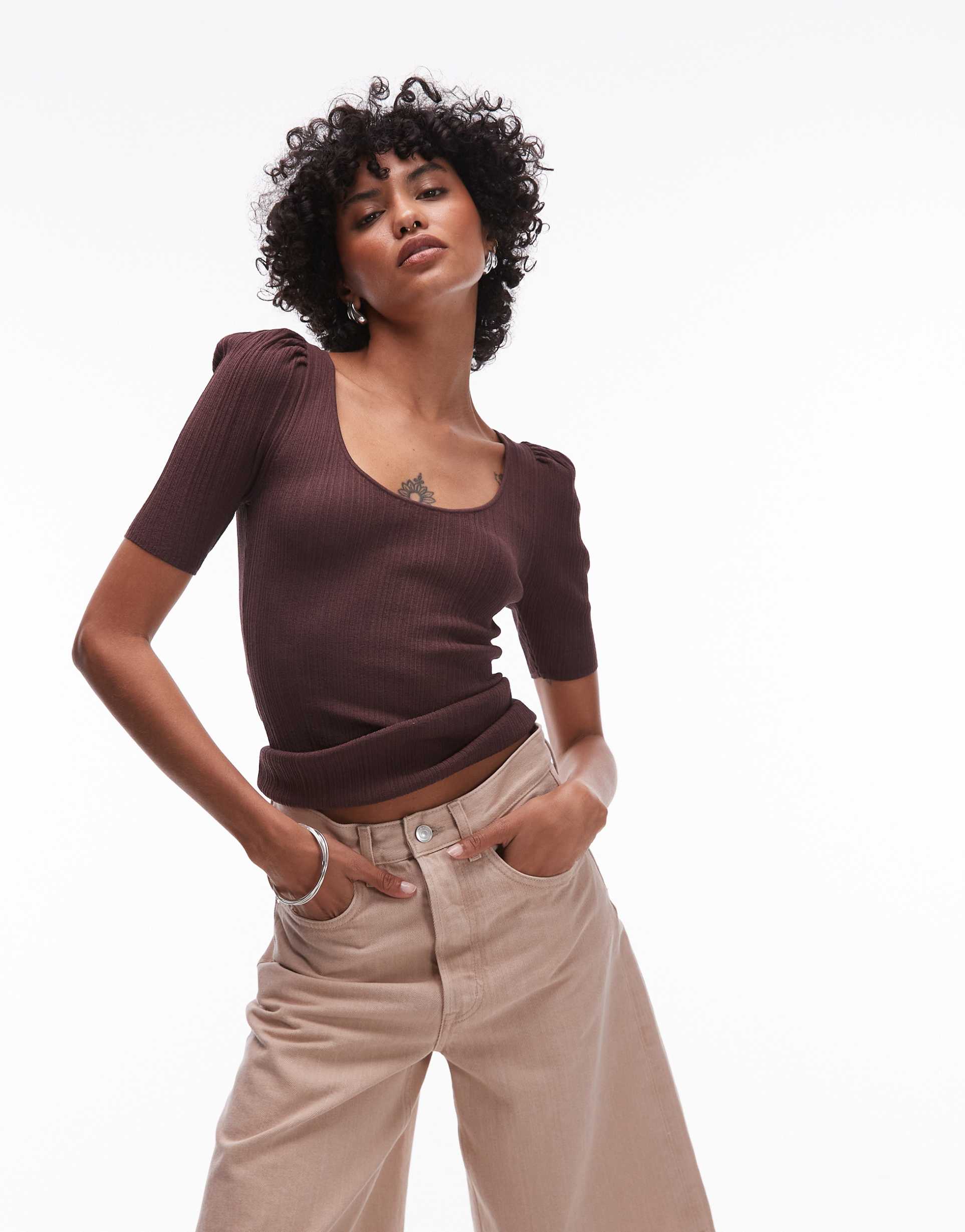 & other stories knit mixed rib top with scoop neck and puff sleeves in brown