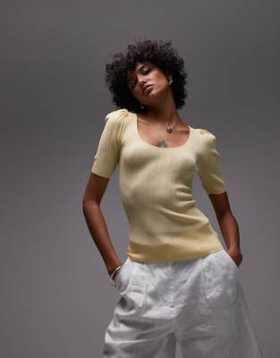 & Other Stories Knit Mixed Rib Top With Scoop Neck And Puff Sleeves