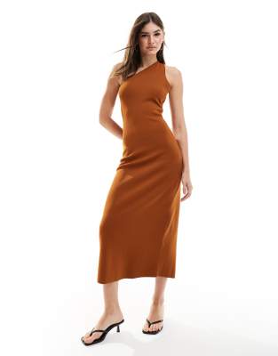 & Other Stories knit one shoulder midi dress with cut out back detail in rust brown