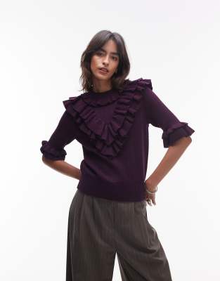 & Other Stories Knit Pointelle Sweater With Ruffles In Red