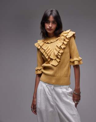 & Other Stories Knit Pointelle Sweater With Ruffles In Yellow