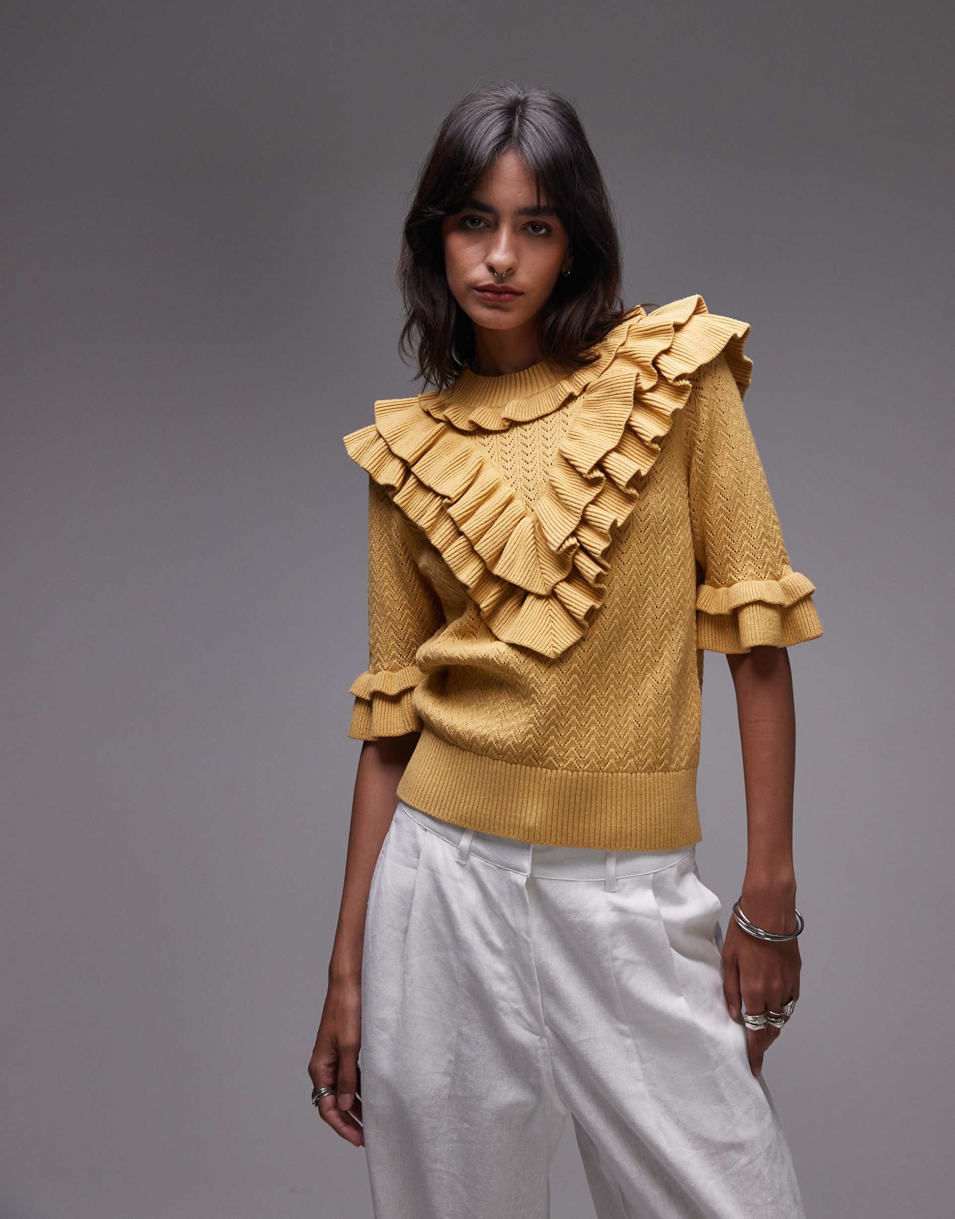 & other stories knit pointelle sweater with ruffles in yellow