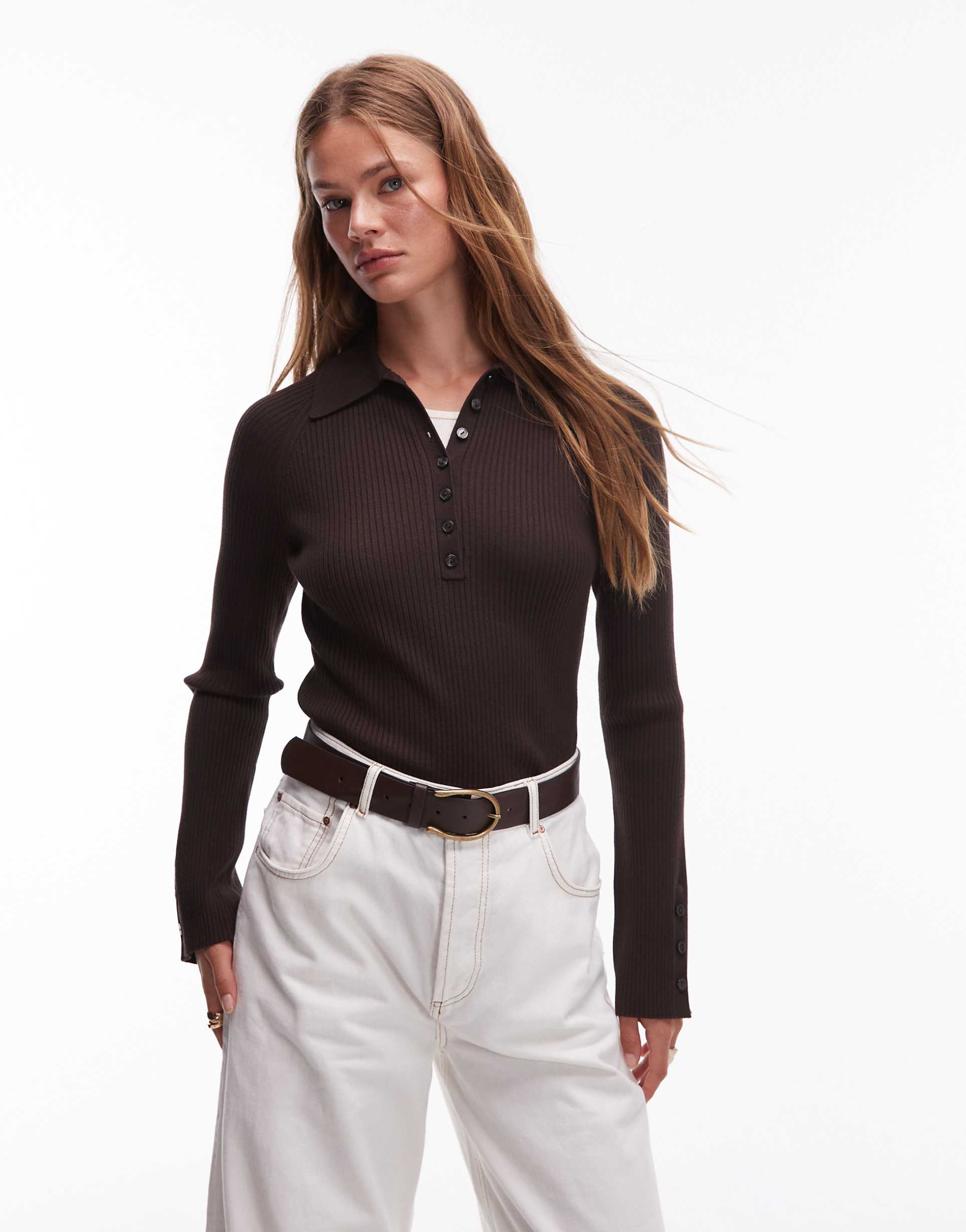 & other stories knit rib fitted polo top with mixed fabric collar in brown