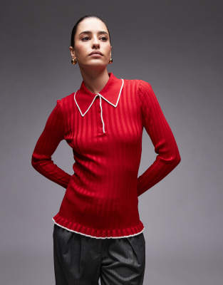 & Other Stories Knit Ribbed Polo Top With Long Sleeves In Red