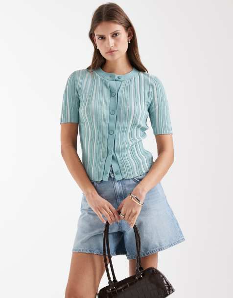 & Other Stories knit ribbed short sleeve cardigan in aqua blue - view 1