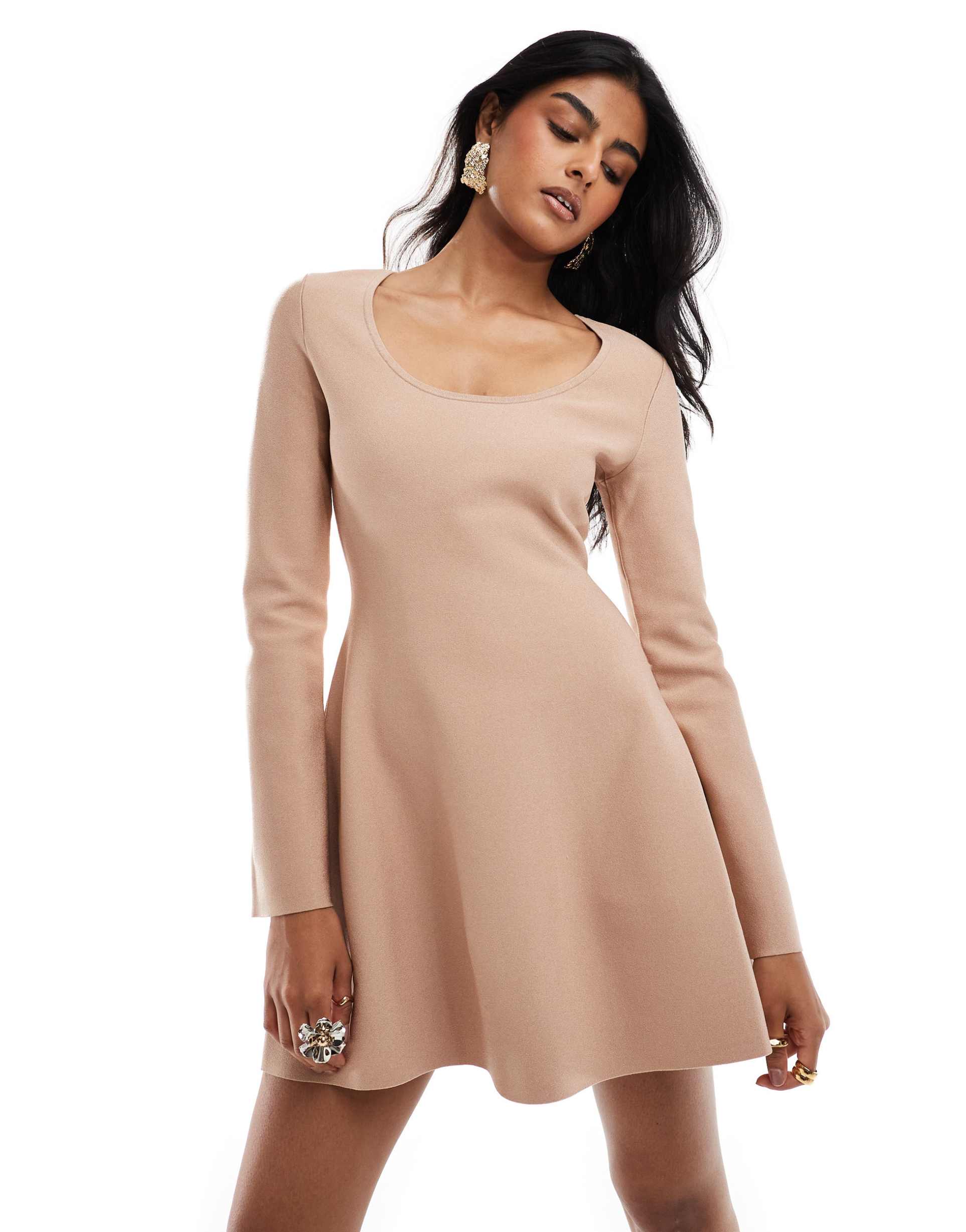 & other stories knit scoop neck mini dress with bell sleeves in light beige