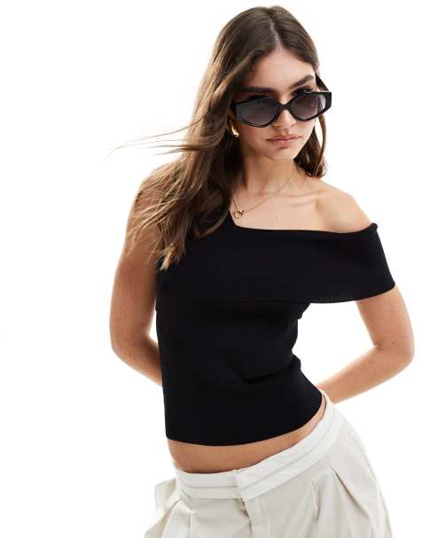 & Other Stories knit top with asymmetric off-shoulder detail in black - view 1