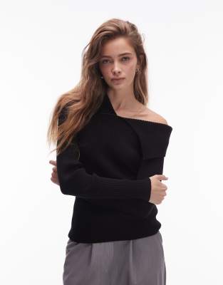 & Other Stories Knit Top With Asymmetric Off The Shoulder Collar-black