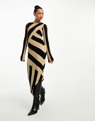 Other Stories &  Knitted Asymmetric Midi Dress In Beige And Black Stripe-neutral