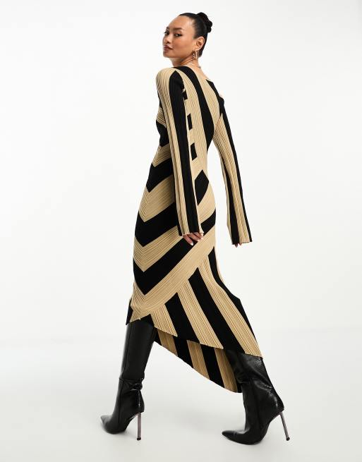  Other Stories knitted asymmetric midi dress in beige and black stripe