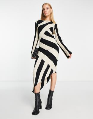 & Other Stories knitted asymmetric midi dress in  black and white stripe