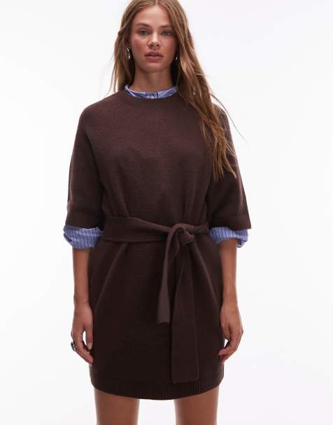 & Other Stories knitted belted mini dress with wide sleeves in brown - view 1