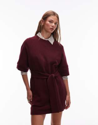 & Other Stories & Other Stories knitted belted mini dress with wide sleeves in burgundy-Red