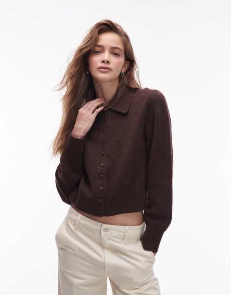 & Other Stories knitted cardigan with collar and button front in brown - view 1