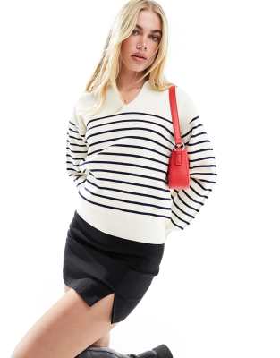 & Other Stories & Other Stories knitted cotton jumper with half zip collar in white and blue stripe-Multi