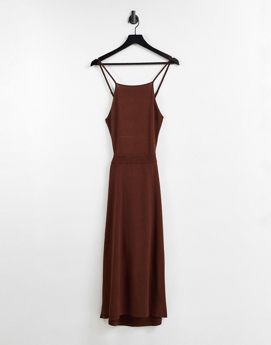 & Other Stories knitted cut out sides midi dress in dark brown-Copper