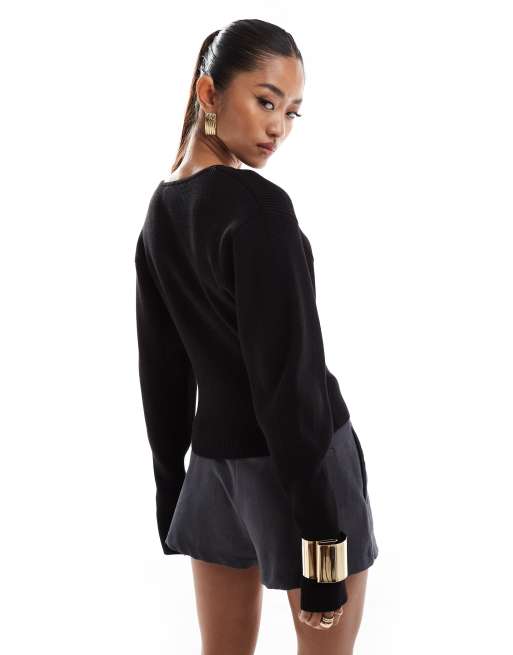 Other Stories knitted fitted sweater with sculptural sleeves in black ASOS