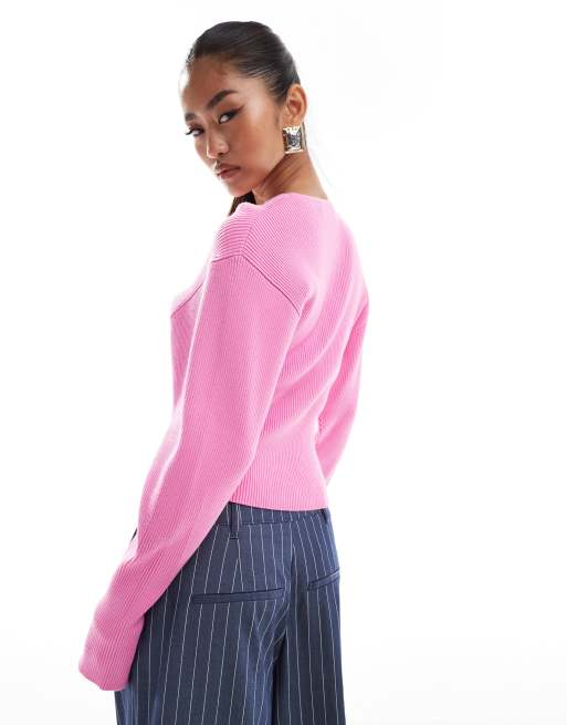 Other Stories knitted fitted sweater with sculptural sleeves in pink