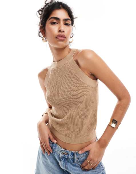 & Other Stories knitted halter neck cropped top in beige - view 1