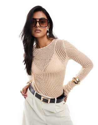 & Other Stories knitted long sleeve top in beige open knit wave pattern-Neutral