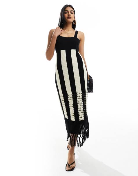 & Other Stories knitted midi dress with crochet tassel hem detail in black and white stripes - view 1