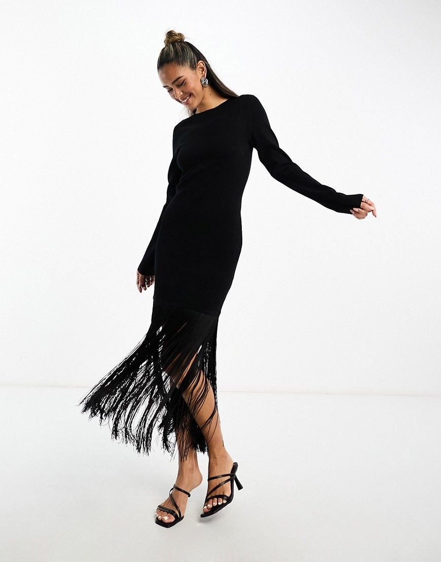 & other stories knitted midi dress with fringe skirt detail in black