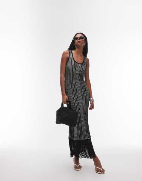 & Other Stories knitted midi dress with fringed tassel hem detail in two-tone  black - view 1
