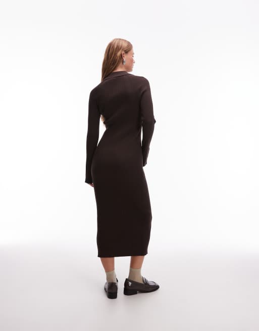 & Other Stories knitted midi dress with polo collar in brown, 3 of 4