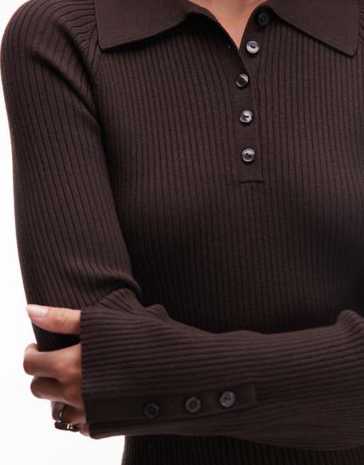 & Other Stories knitted midi dress with polo collar in brown, 4 of 4