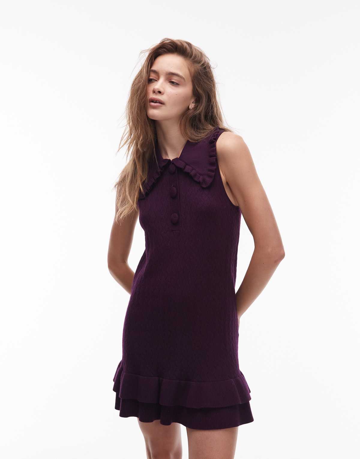 & Other Stories knitted mini dress with collar in purple checkerboard jacquard