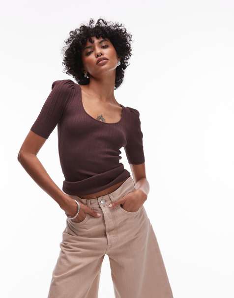 & Other Stories knitted mixed rib top with scoop neck and  puff sleeves in brown - view 1