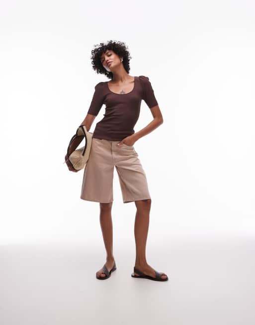 & Other Stories knitted mixed rib top with scoop neck and  puff sleeves in brown, 2 of 4