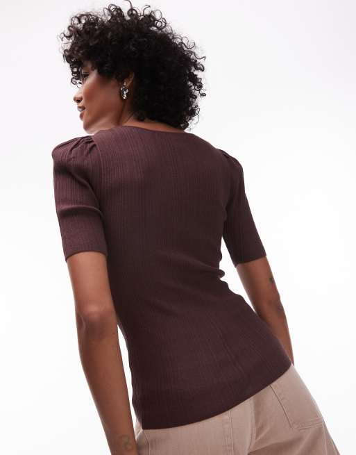 & Other Stories knitted mixed rib top with scoop neck and  puff sleeves in brown, 3 of 4