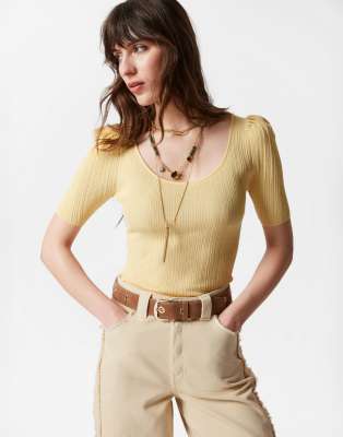 & Other Stories knitted mixed rib top with scoop neck and puff sleeves in butter yellow-Brown