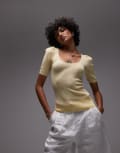 [Other Stories] & Other Stories knitted mixed rib top with scoop neck and puff sleeves in yellow-Brown M YELLOW