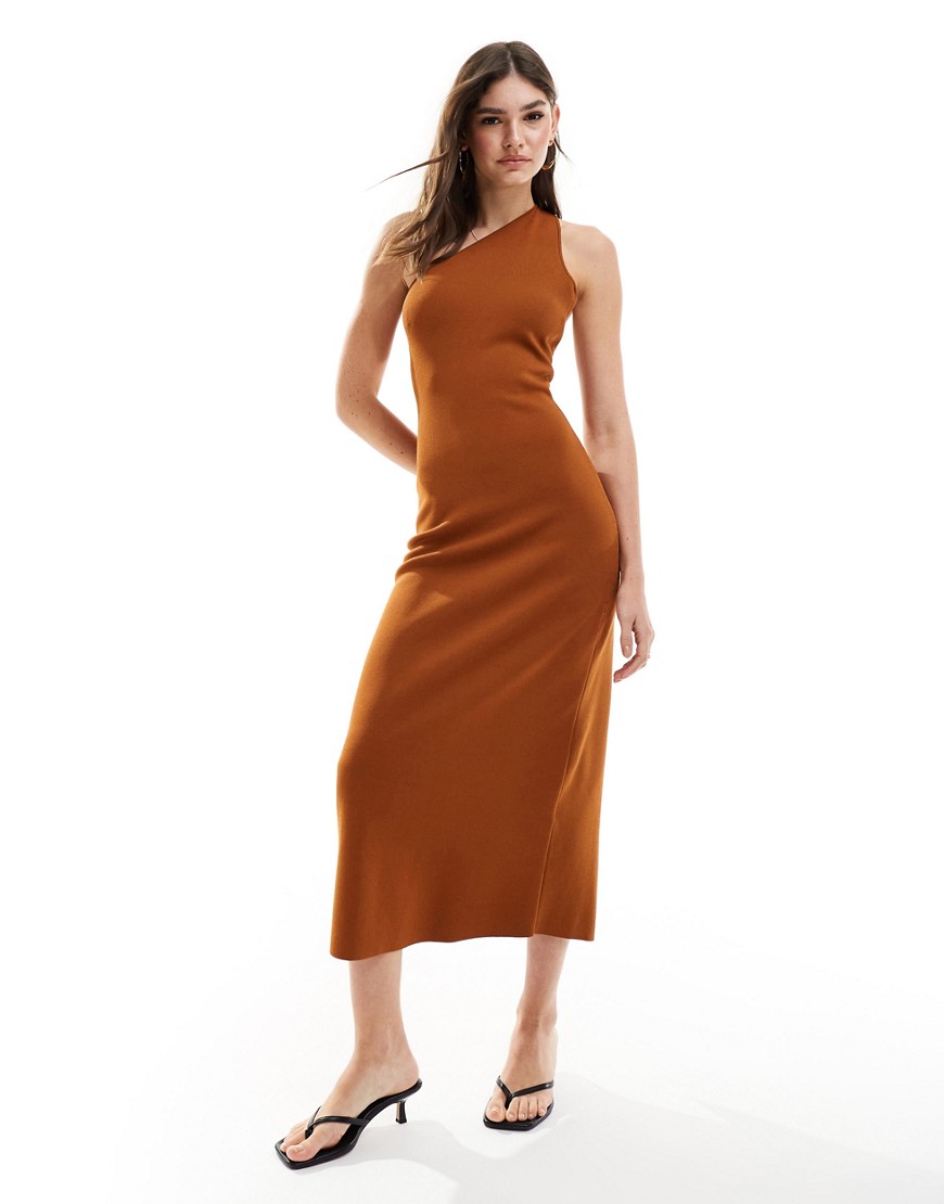 & Other Stories knitted one shoulder midi dress with cut out back detail in rust brown
