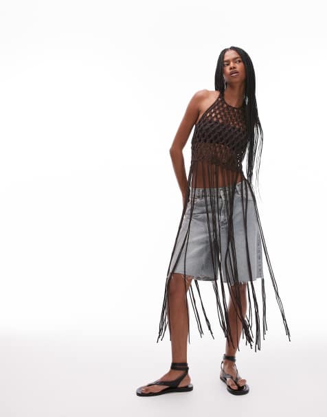 & Other Stories knitted open crochet  top with maxi length fringing in dark brown - view 1