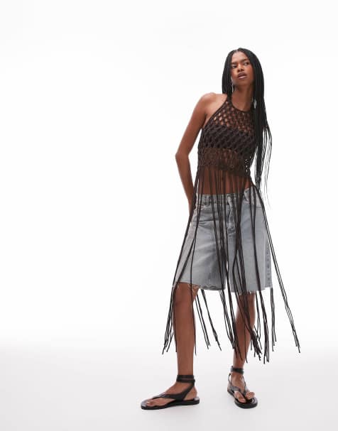 & Other Stories knitted open crochet  top with maxi length fringing in dark brown - view 1