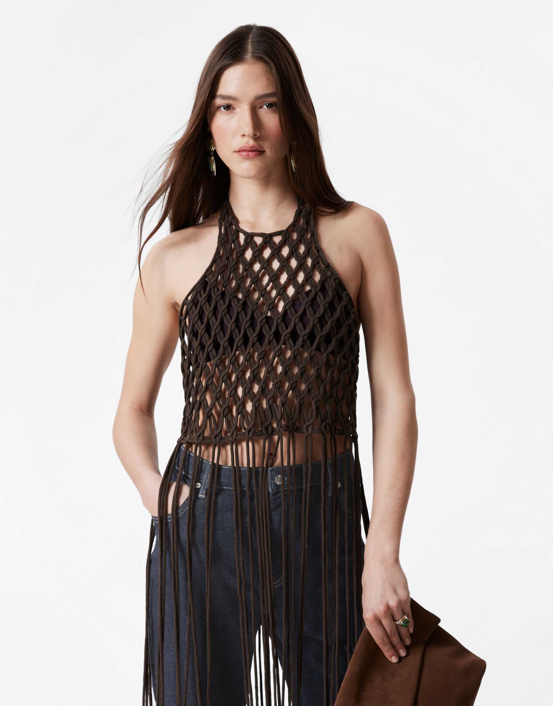 & other stories knitted open crochet top with maxi length fringing in dark brown