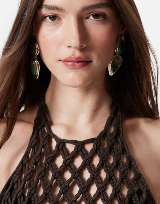 & Other Stories knitted open crochet top with maxi length fringing in dark brown, 4 of 4