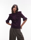 [Other Stories] & Other Stories knitted pointelle sweater with ruffles in burgundy plum-Red XS BURGUNDY PLUM