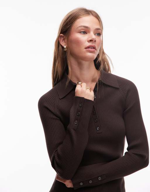 & Other Stories knitted rib fitted polo top with mixed fabric collar in brown, 2 of 4