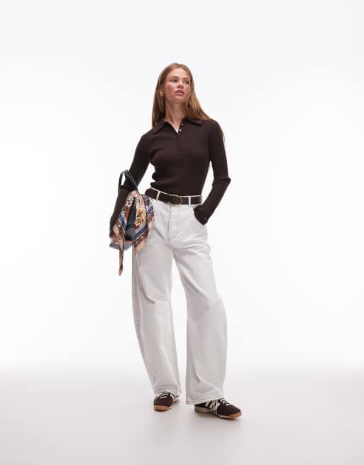 & Other Stories knitted rib fitted polo top with mixed fabric collar in brown, 3 of 4
