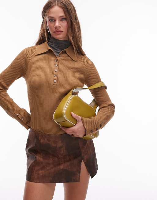 & Other Stories knitted rib fitted polo top with mixed fabric collar in dark beige, 3 of 4