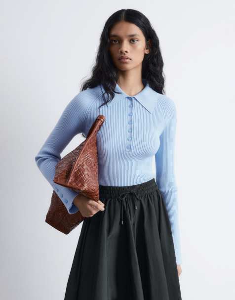 & Other Stories knitted rib fitted polo top with mixed fabric collar in light blue - view 1