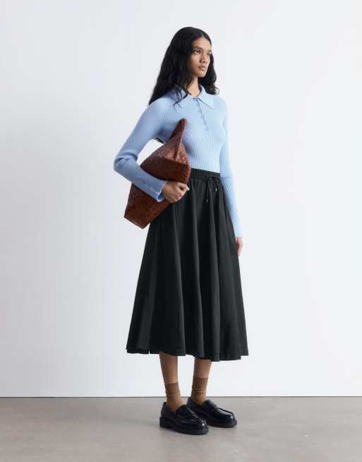 & Other Stories knitted rib fitted polo top with mixed fabric collar in light blue, 3 of 4