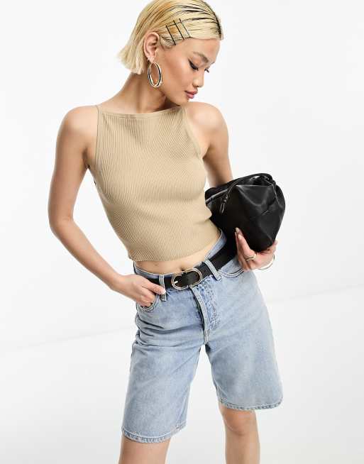 & Other Stories knitted rib high neck tank top in beige